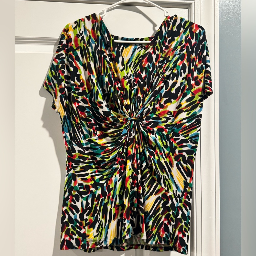 Chaus multi color cinched waist Tie Front Fitted Blouse